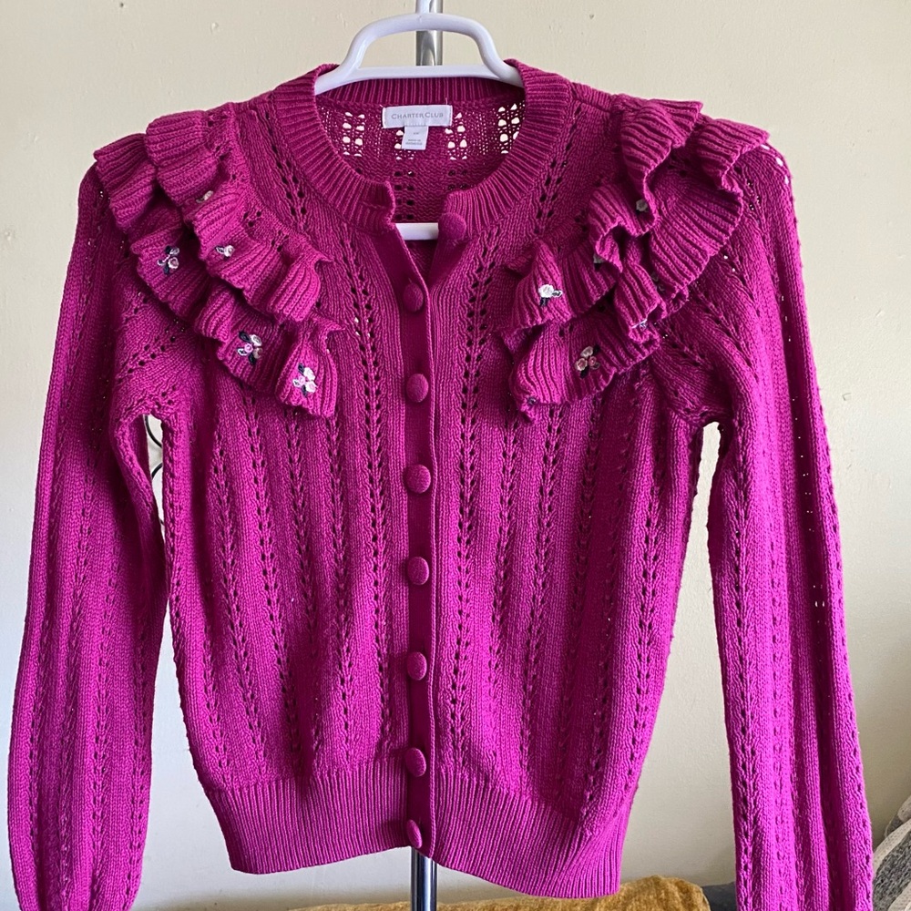 Cottagecore Layered Ruffle Hot Pink Button Cardigan Embroidered Flowers Size XS